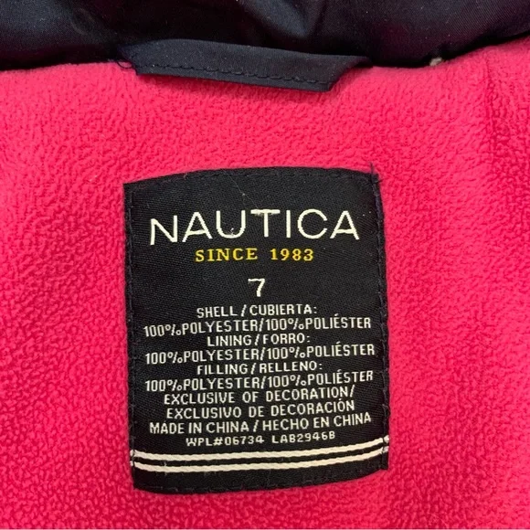 Nautica Puffer coat removable hood navy hot pink subtle polka dots pockets girls